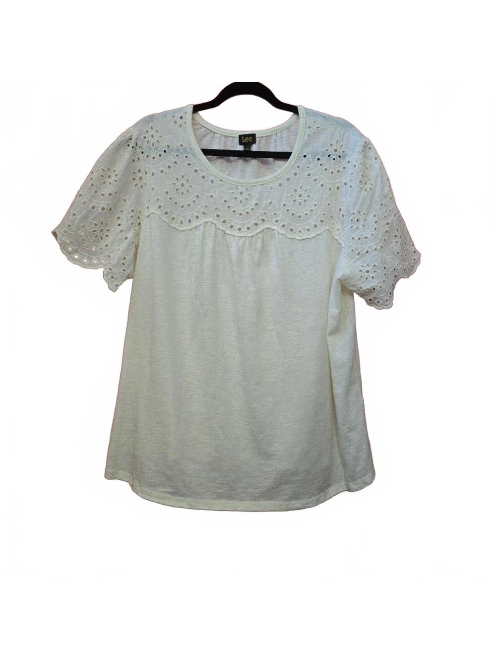 Lee Women's Cream Eyelet Lace Sleeve Top Plus Size 2X
